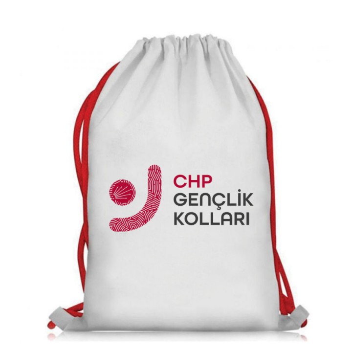 CHP Logolu Beyaz Kırmızı İpli Elyaf Büzgülü Çanta 80-110 gr Nonwoven Sırt Tipi Promosyon Model